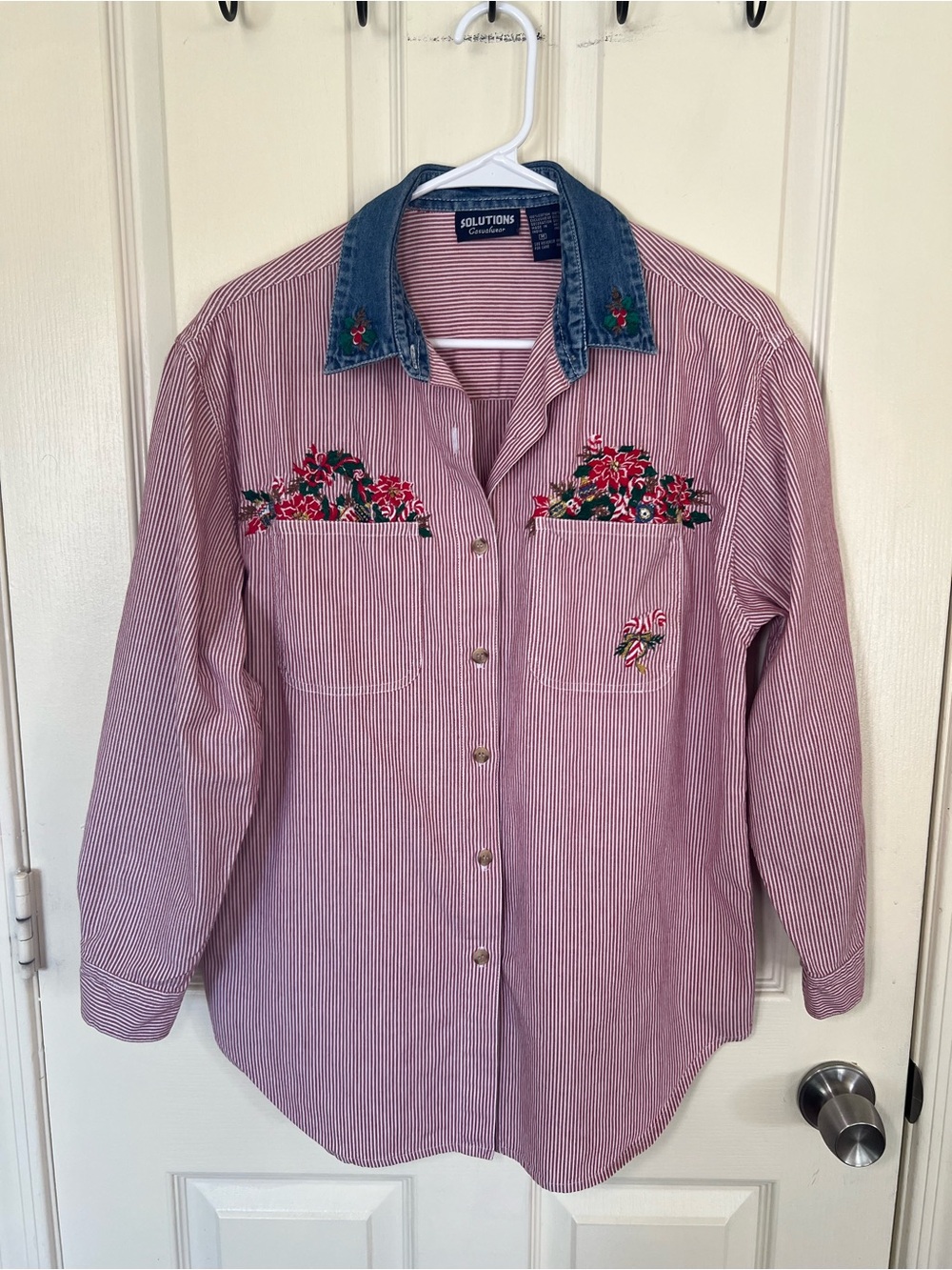 Solutions Casualwear Christmas Embroidered Stripe Denim Collar Shirt M